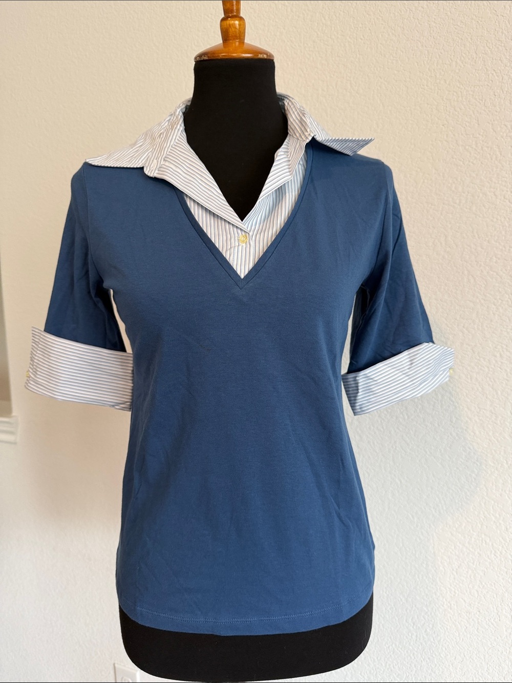 New York & Company Blue V‑Neck Layered Shirt with White Pinstripe Details